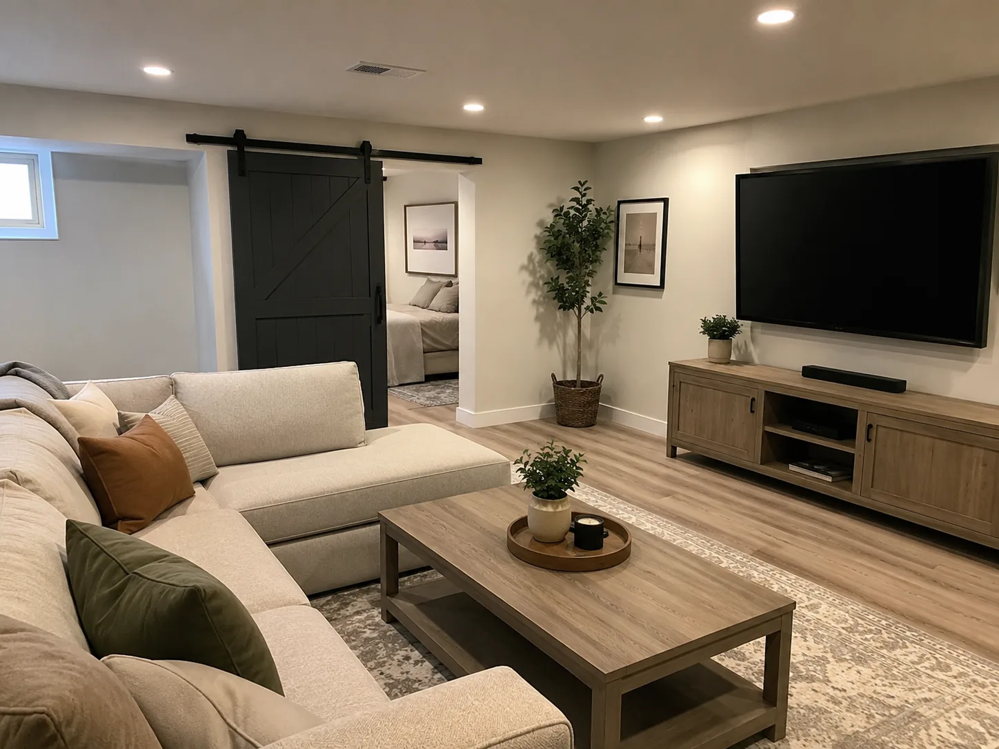 The same basement after renovation: sliding barn door, sectional, and media wall