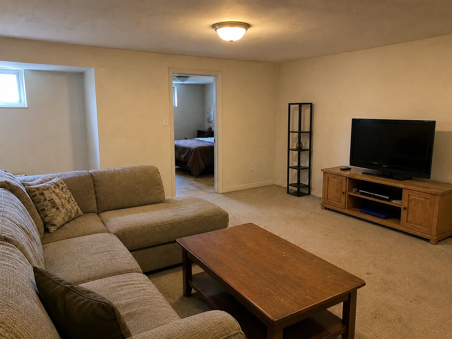 Basement before renovation: unfinished carpet and dated furniture