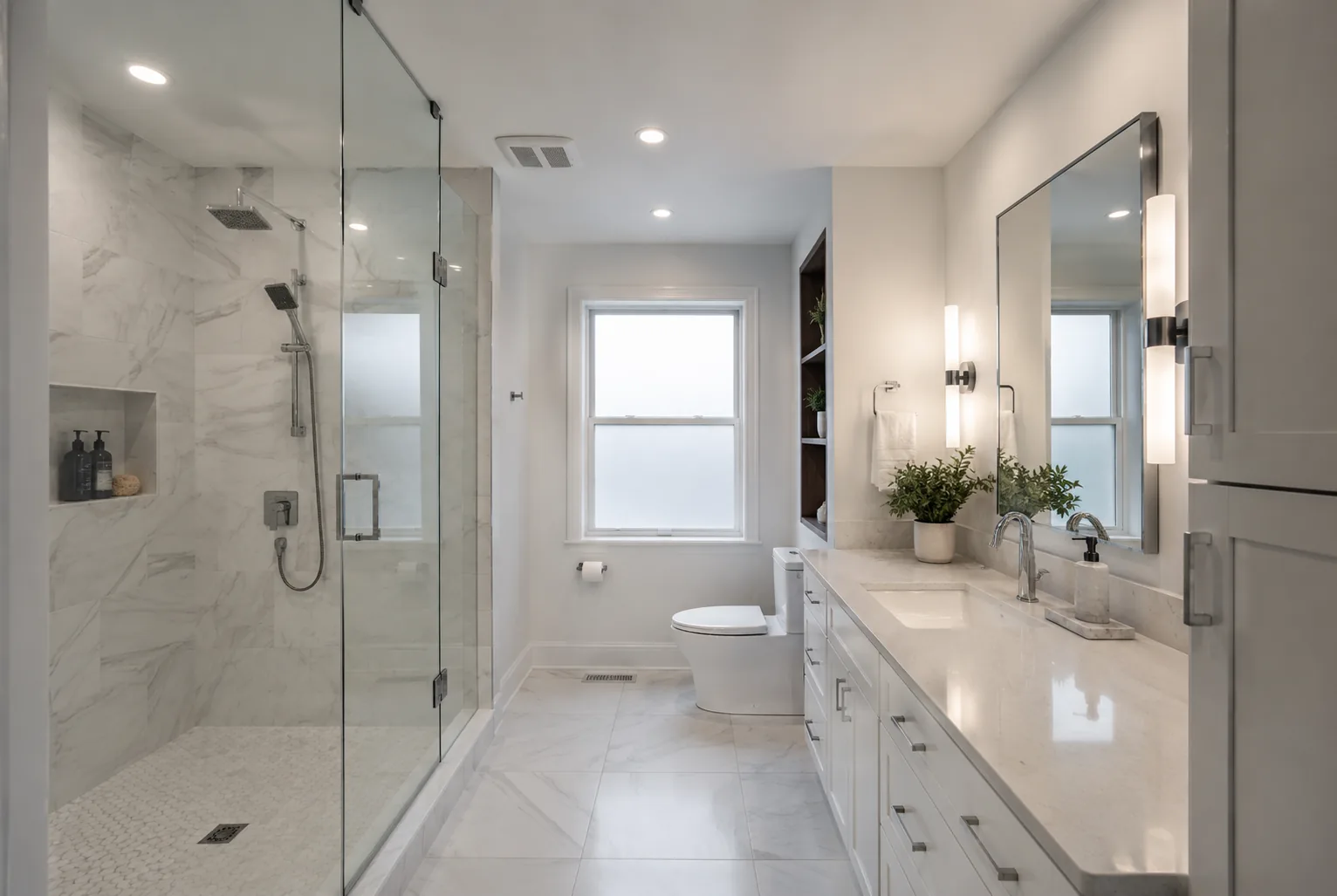 Bright marble bathroom with glass walk-in shower and long quartz vanity