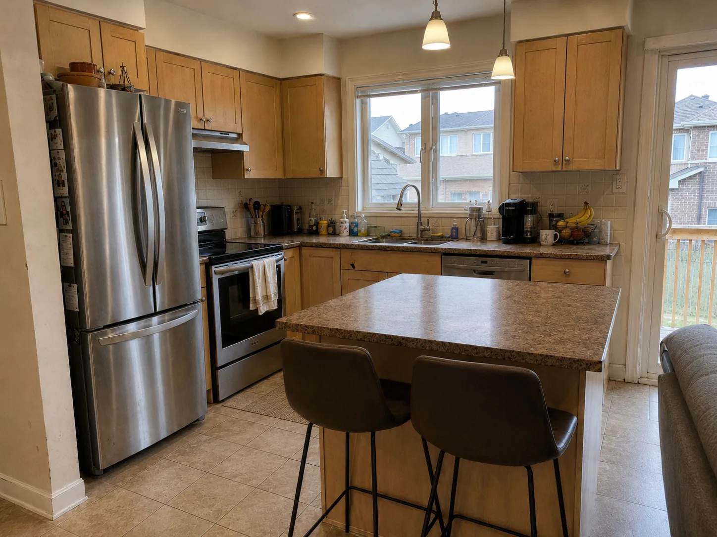 The same kitchen before renovation — dated oak cabinetry and worn countertops