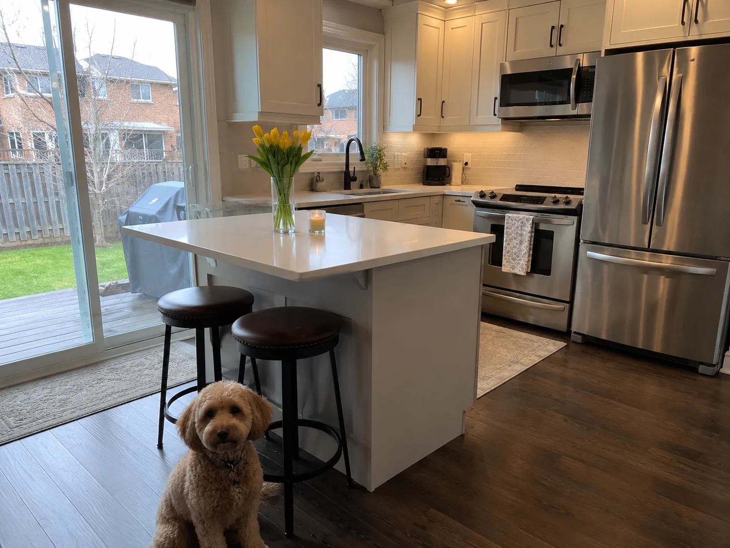 Renovated kitchen with island seating and stainless appliances