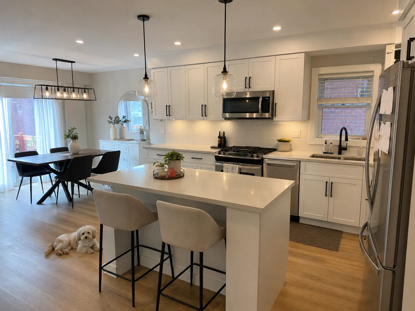 Renovated open white kitchen with island seating and pendant lighting