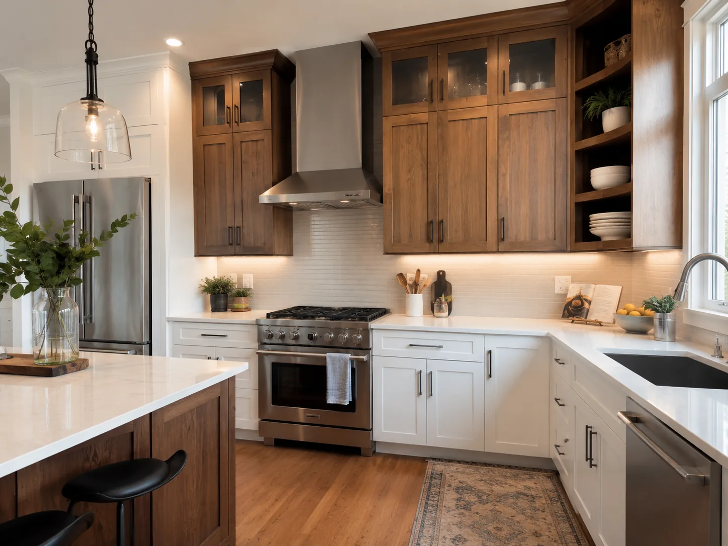 Walnut cabinetry kitchen with glass-front uppers and stainless range hood