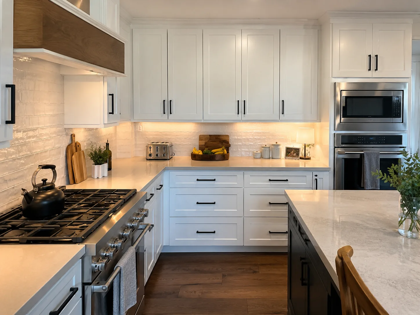Renovated white kitchen with black hardware, tile backsplash, and dark island