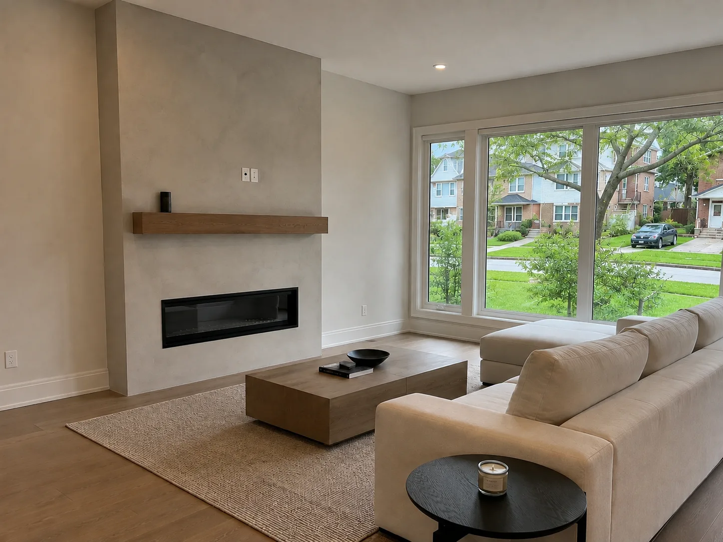 The same living space after renovation: modern fireplace feature wall and sectional sofa