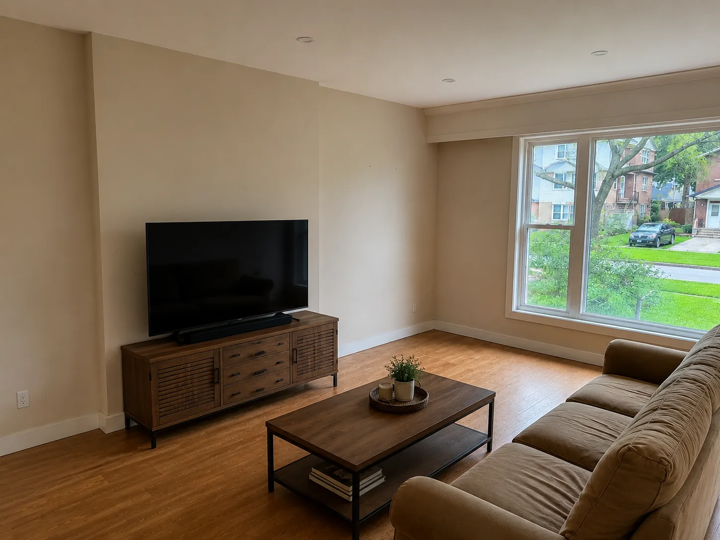 Living space before renovation: bare walls and dated TV stand